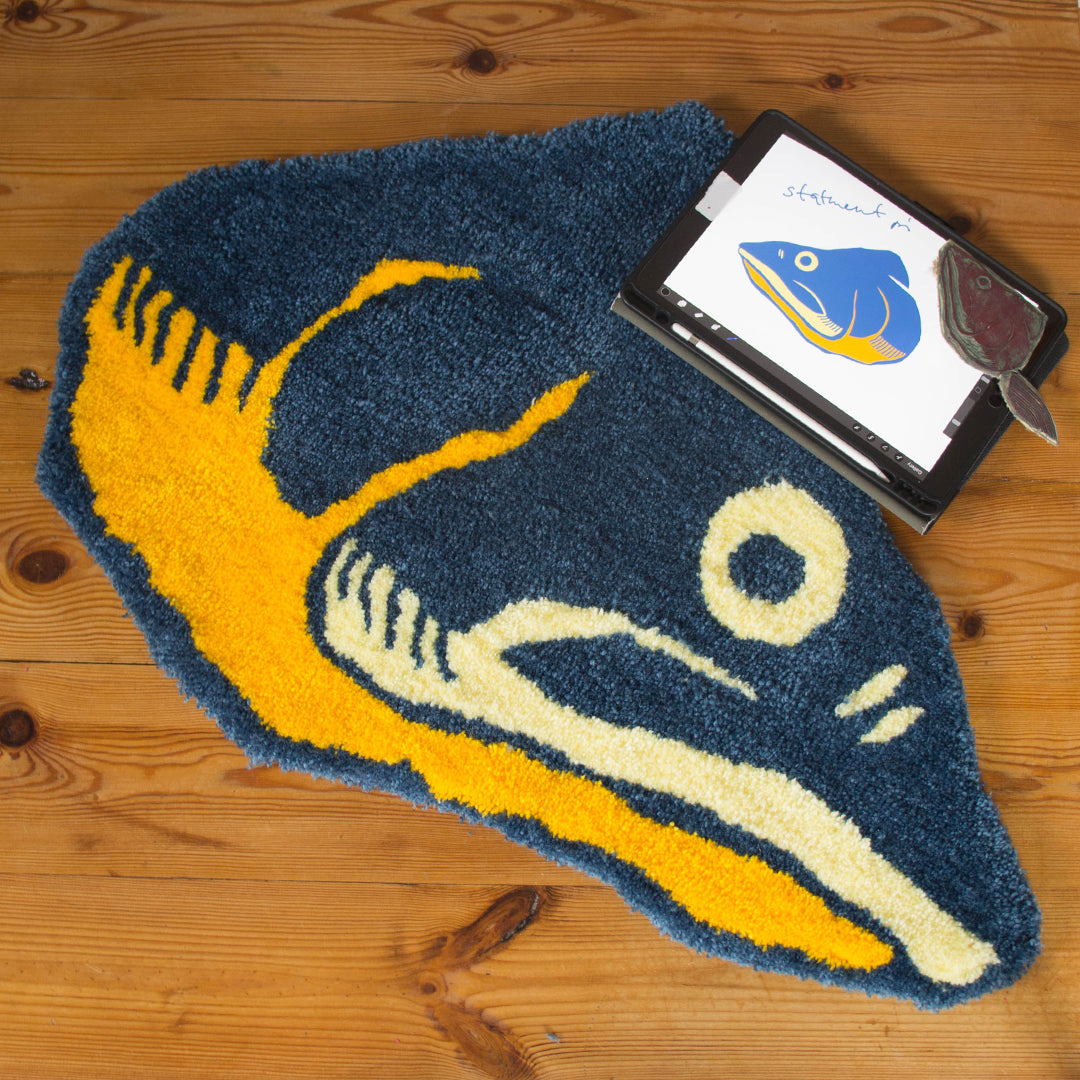 studio yarnatak blue and yellow fish head front with digital illustration and linoleum cut